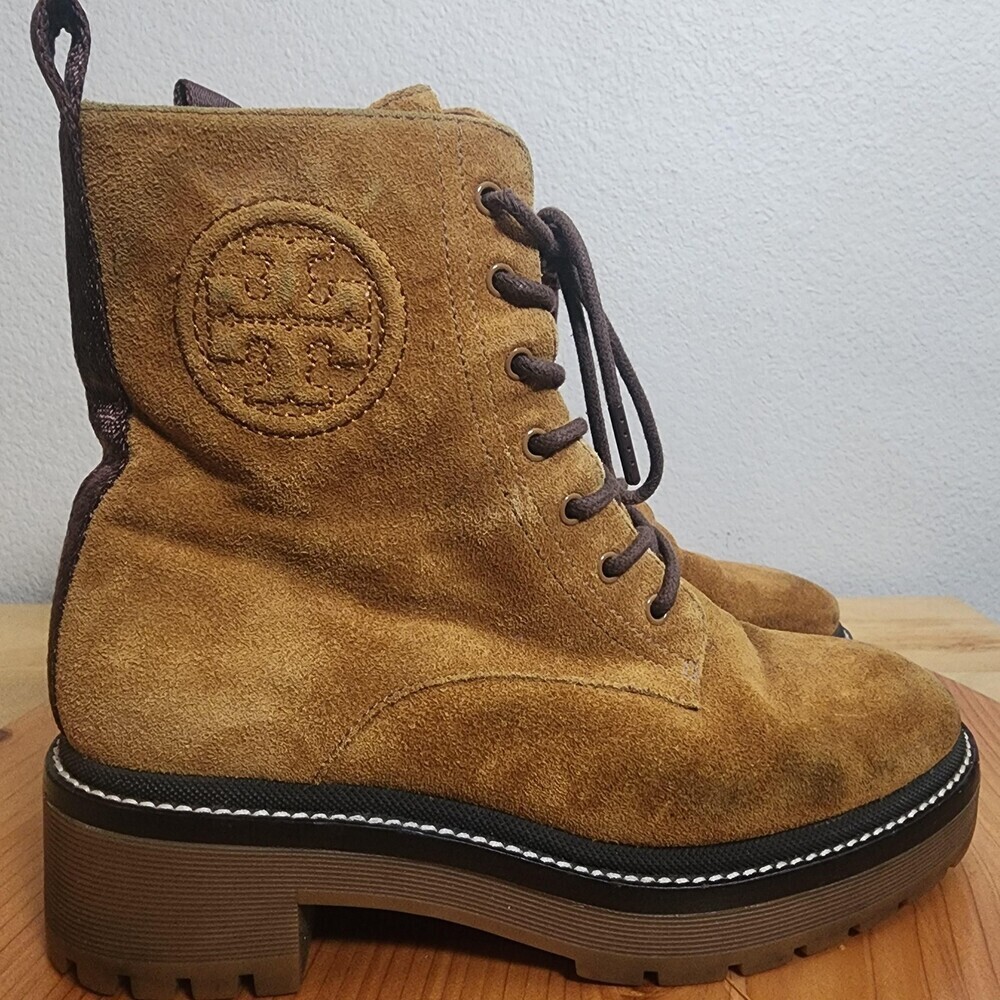 Tory Burch Combat Boots Womens Size 5M Brown Suede Ankle Lace Up Lug Sole 10942